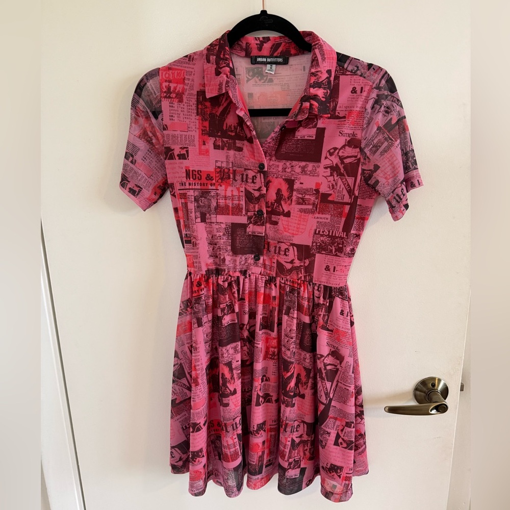 Urban Outfitters Pink & Black Newspaper Print Mini Dress